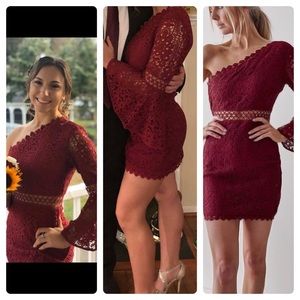 Wine colored mini dress, one sleeve